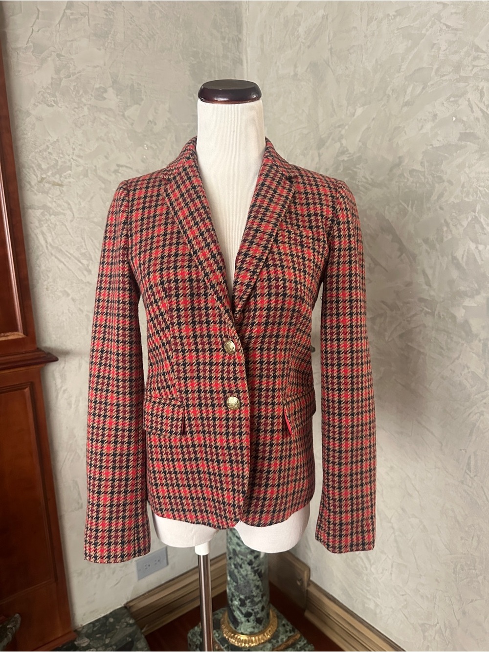 J.Crew Schoolboy Wool Blazer Red Houndstooth Pattern and Gold buttons